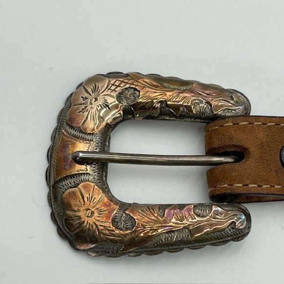 Vintage Justin Western Belt Leather 34 Brown Mexico Silver 2-Tone Buckle Studs main image 8